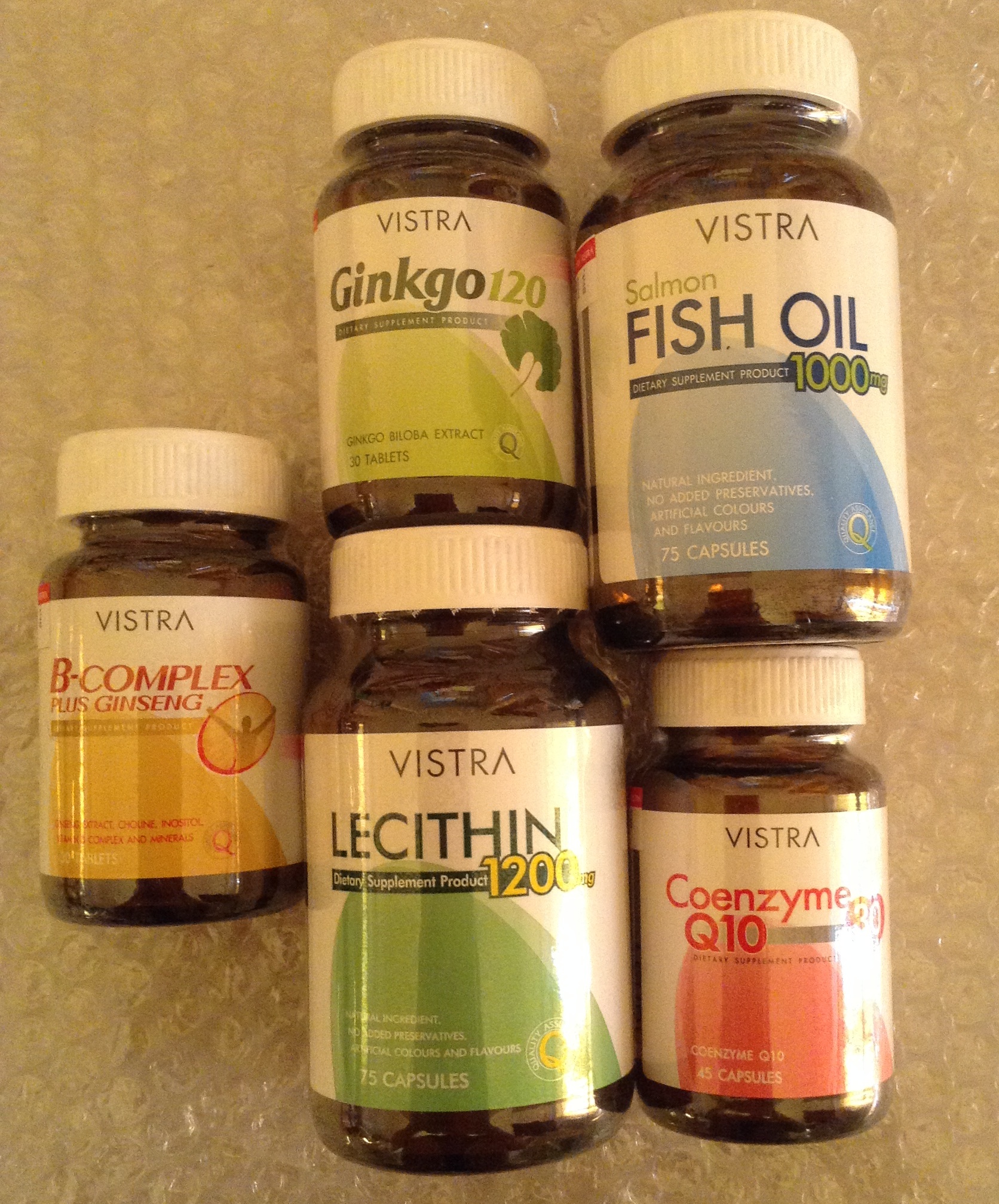 สุดยอดเซ็ท วิตามินบำรุงสมอง จำนวน 5 ชิ้น : Vistra Fish Oil 75 เม็ด  +  Vistra B-Complex Plus Ginseng 30 เม็ด  +  Vistra Co-enzyme Q10 40 เม็ด + Vistra Lecithin 75 เม็ด + Vistra Ginkgo120mg