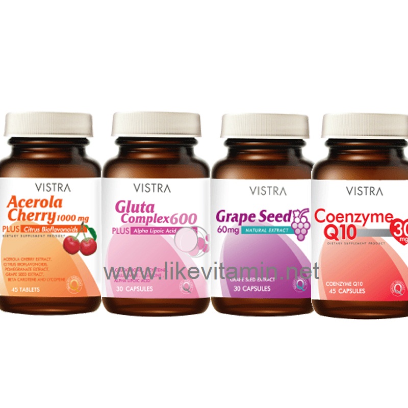 Beauty Set  ผิวขาว กระจ่างใส   Vistra Gluta Complex 600 30'S + Vistra Acerola Cherry 45'S  + Vistra Grape Seed 30'S + Vistra Q10 40'S