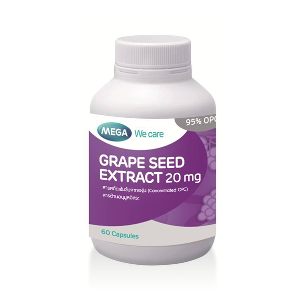 Mega WeCare GRAPE SEED ขนาด 20 mg 60 แคปซูล สารสกัดจากเมล็ดองุ่น เหมาะสำหรับผู้ที่ต้องการดูแลผิวพรรณ