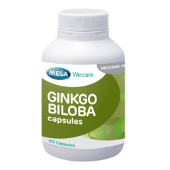 Mega We Care Ginkgo 40 mg 60 เม็ด  เสริมสร้างความจำ ชะลอการเกิดอาการของโรคอัลไซเมอร์ ได้ผลดี โดยเฉพาะผู้สูงอายุ ลดความเครียด